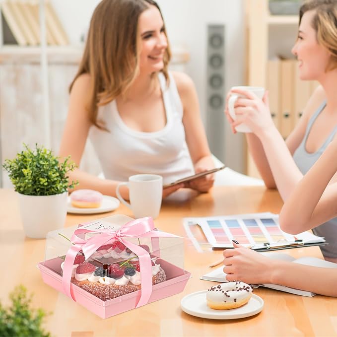 7 x 7 x 4 Inches Paper Cake Boxes with Clear Lids, 50 Pack Pink Large Charcuterie Square Food Containers, Valentine's Day Disposable Bakery Boxes for 4-6 Inch Bundt Cake, Pie, Dessert
