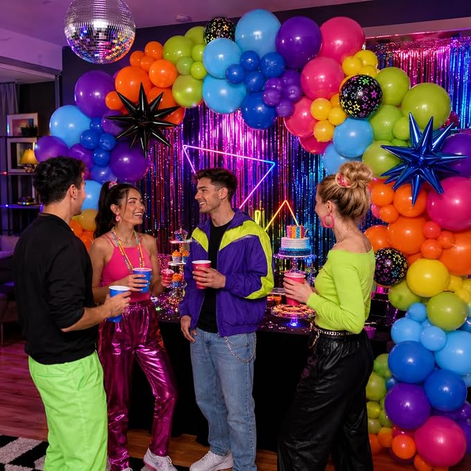 Neon Balloon Arch Kit, 122Pcs Bright Orange Green Blue Hot Pink Yellow Purple Black Rainbow Balloons with Foil Star Balloons for 80s 90s Neon Party Rainbow Birthday Decorations Disco Party Backdrop