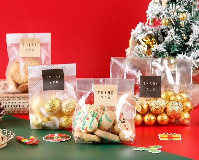 Cellophane Treat Bags Cookie Bags for Packaging Clear Gift Bag with Stickers for Cookies, Candy, Chocolates, Graduation Gift Bags(Clear, 9x6 INCH)