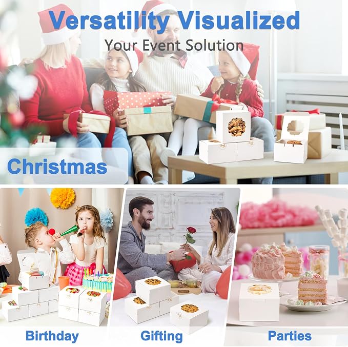 4-Inch Small Cookie Boxes 50 Pcs White - Bakery Treat Boxes with Window for Gifting, To-go Containers for Cake Slice, Macarons, Donuts 4x4x2.5