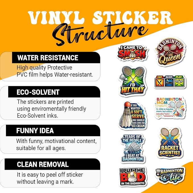 10pcs Badminton Sticker Sheet, Fun and Sporty Vinyl Decals for Players, Coaches, and Shuttlecock Fans, Waterproof, for Laptop, Water Bottle, Journal, Notebook, Phone Case (Badminton, 6in)