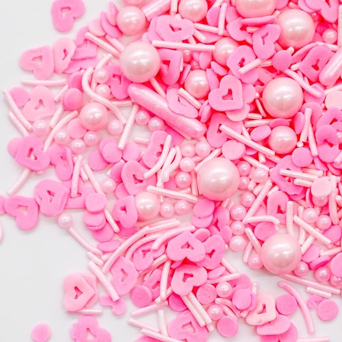 LEBERY Pink Sprinkles Edible Heart Shaped Sprinkle Pink Jimmies for Baking Pastel Pearl Sprinkles Mixed Valentine Sprinkle for Cake Decorating Cookie Ice Cream Donut - 3 oz