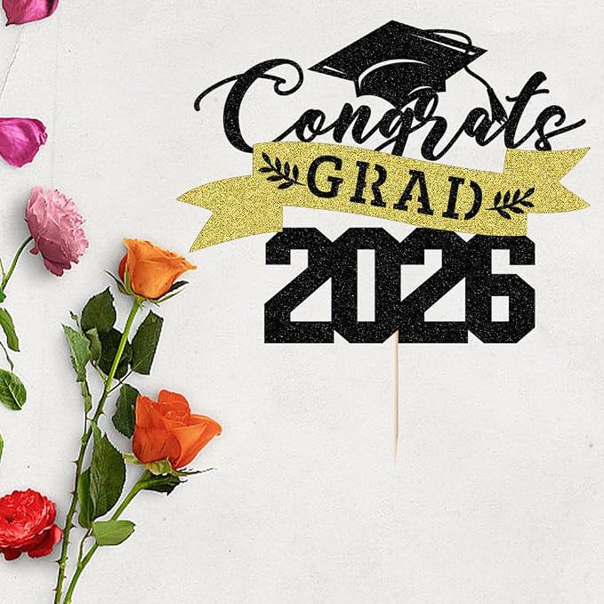 Glitter Graduation 2026 Cake Topper,Congrats Grad Cake Decor - 2026 High School/College/Senior Graduation Party Decorations Supplies