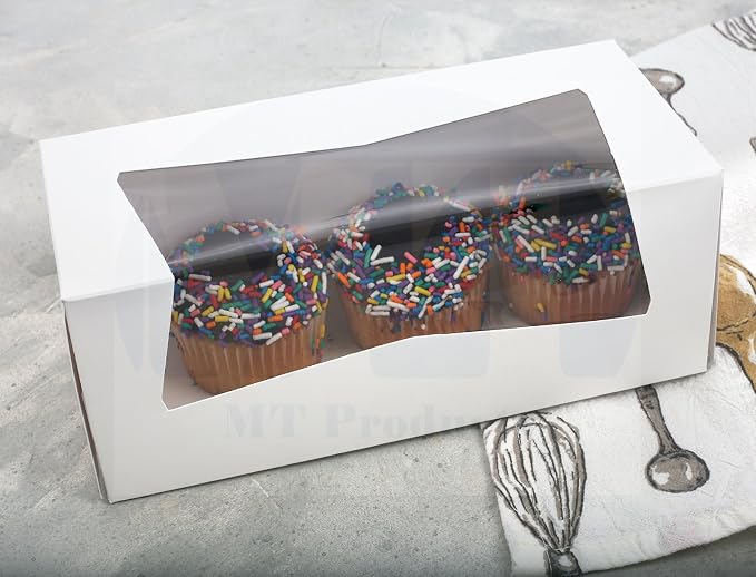 MT Products 9" x 4" x 3.5" White Auto-Popup Bakery Boxes with Window - 25 Pack - Long Pastry Container for Cupcakes, Strawberries, Donuts & Swiss Rolls - Made in the USA