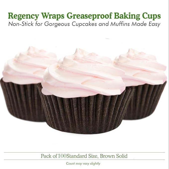 Regency Wraps Baking Cups, Pack of 100 Brown Standard, Greaseproof Cupcake Muffin Liners, Made in USA, Non-Stick for Easy Removal and Serving of Baked Treats