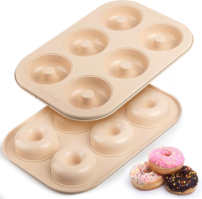 Donut Pan for Baking - Set of 2 Non-stick Donut Pans - Carbon Steel Doughnut Pan - 6 Cavity Full-Sized Donut Molds for Baking - Trendy Beige Donut Baking Pan