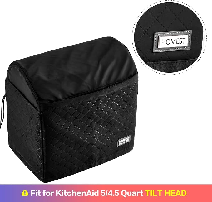 HOMEST Stand Quilted Mixer Cover with Zip Pocket for Kitchen Accessories | Fits KitchenAid 5/4.5 quart mixers, zipper pocket stores attachments and kitchen accessories, Black