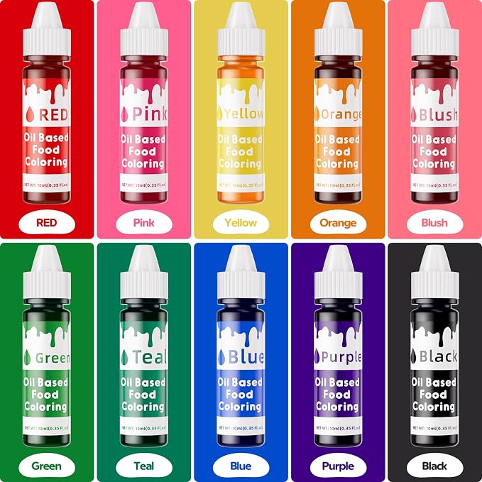 Oil Based Food Coloring for Chocolate – 10 Colors Oil Soluble Gel Food Dye Edible Chocolate Coloring for Candy Melts Buttercream Fondant & Baking Highly Concentrated Food Grade 0.35 Fl. Oz/Bottles