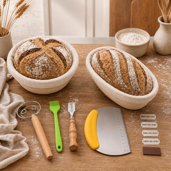 Banneton Bread Proofing Basket Set - 2 Pack 9 Inch Round & Oval Natural Rattan Sourdough Proofing Baskets with Cloth Liners for Artisan Bread Baking Supplies