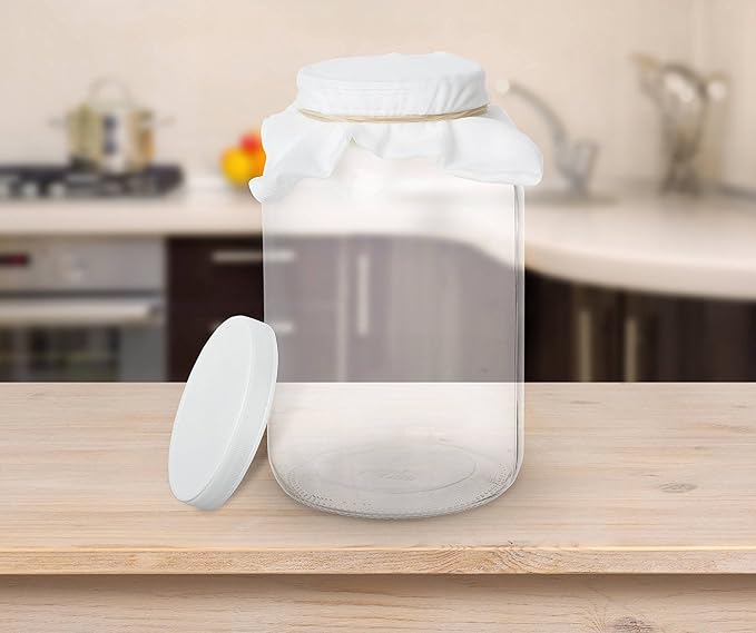 kitchentoolz 1 Gallon Glass Wide Mouth Kombucha Brewing Mason Jar - Home Brewing and Fermenting Kit with Cotton Cloth Filter, Rubber Band and Plastic Lid (1 Jar)