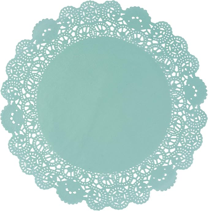Pastry Tek 12 x 12 Inch Paper Lace Doilies, 100 Disposable Table Doilies - Elegant Lace Finish, Long Lasting, Teal Paper Doily, for Pastries, Cupcakes, Desserts - Restaurantware