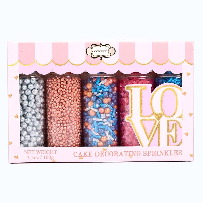 Confect Game Night Sprinkles – Mix with Copper & Silver Dragees, Bright Blue Jimmies, Rose Gold & Pink Sparkling Sugar | Vegan, Gluten-Free, Nut-Free, Soy-Free, Dairy-Free Cake & Cupcake Decorating Topping - 5oz