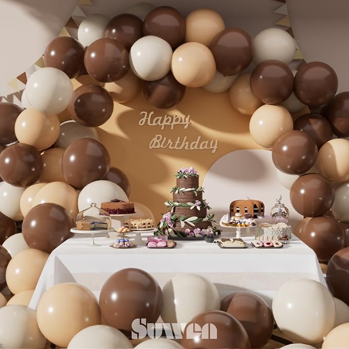 SUWEN Brown Balloons 60Pcs,12 inch Dark Light Brown and Sand White Latex Balloons for Boho Neutral Birthday Thanksgiving Teddy Bear Party Decorations