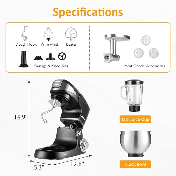 6-IN-1 Electric Stand Mixer with 6.5QT Bowl, Multifuctional Kitchen Mixer with Dough Hook, Whisk & Beater, 3-in-1 Food Processor & Meat Grinder Attachment, For Baking, Bread, Pasta, Cookies
