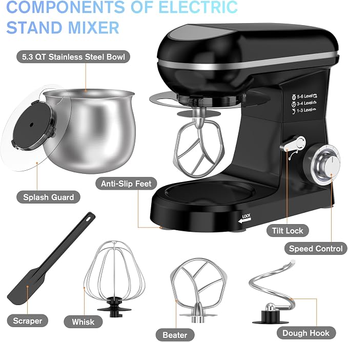 Electric Stand Mixer with 5.3 Quart, Cake Mixer with Stainless Steel Bowl and Stand, Kitchen Mixer Tilt-Head Design Includes Dough Hook, Whisk & Beater - Great for Baking Bread, Cakes, Cookies