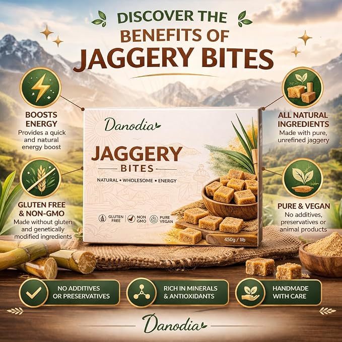 Danodia Foods Organic Jaggery Bites, Cane Gur Sweetener, 1 lb Pack | Jaggery gur pieces for chai, coffee, desserts and cooking; No Preservatives; traditional Indian cane sweetener; pantry use