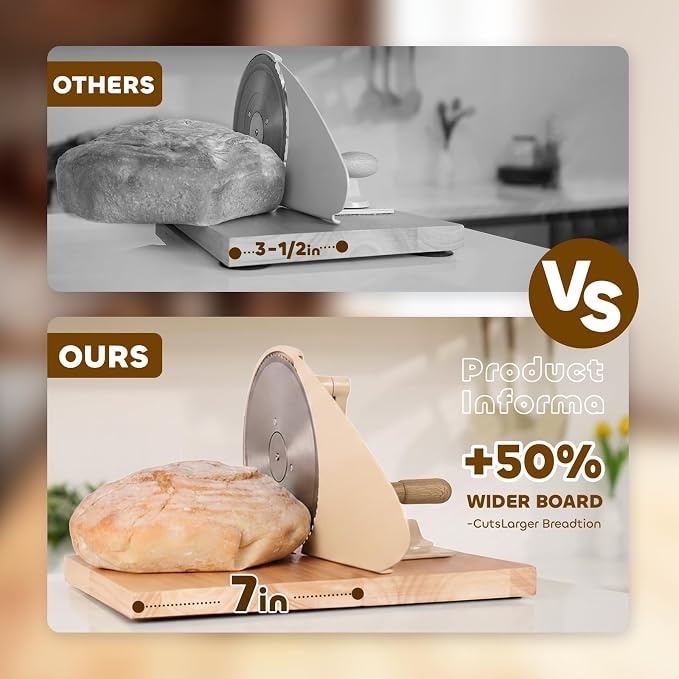 Foldable Manual Bread Slicer with Wooden Board & Foldable Handle,0-0.9" Adjustable Thickness,Serrated Blade & Suction Cup,Bread Slicer for Homemade Sourdough Bread,Soft Bread,Bagels,and More