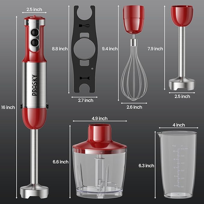Immersion Blender Handheld 1200W, 5-in-1 Hand Blenders, 20 Speeds Hand Mixer, Stainless Steel Blades, Milk Frother Wand, Whisk, Beaker, Suitable for Kitchen, Protein Shakes and Baby Food (Red)