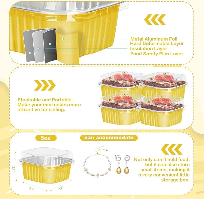 200Pack 5oz Gold Mini Cake Pans with Lids Baking Cups Aluminum Foil Pans Tins, Individual Dessert Cups Containers for Sales,Party,Picnics