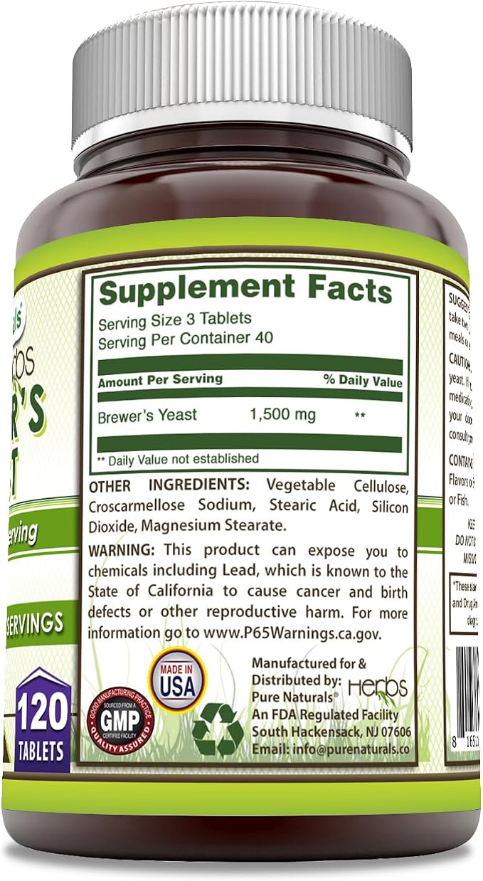 Pure Naturals Brewer's Yeast Supplement | 1500 Mg Per Serving | 120 Tablets | Non-GMO | Gluten-Free | Made in USA