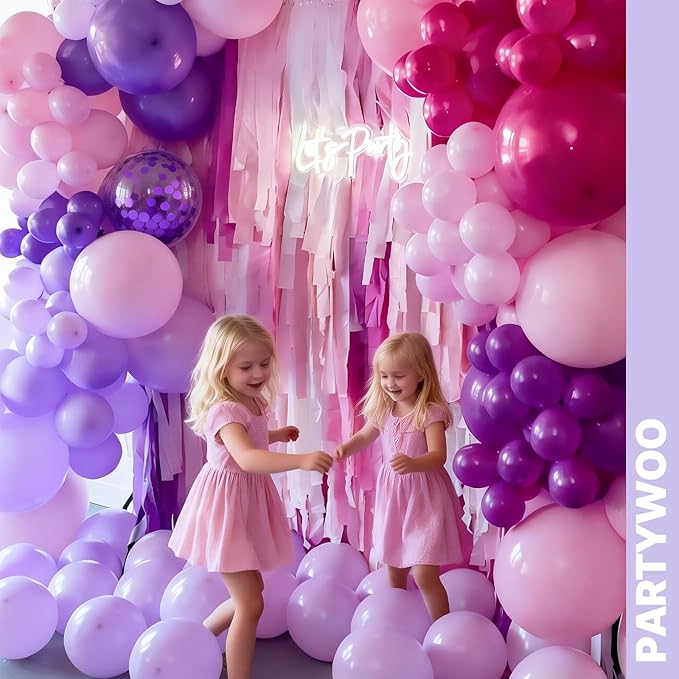 PartyWoo Pink and Purple Balloon Arch Kit Garland 140pcs Different Sizes of 18 12 10 5 Inch Metallic Baby Pink Hot Pink Chrome Light Purple Gold Confetti Balloons for Birthday Party Decorations