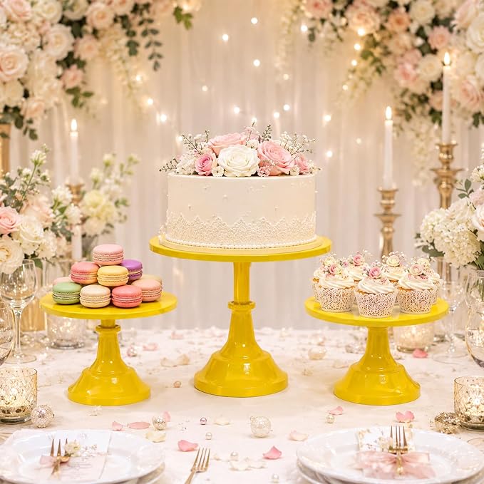 3 Pcs Cake Stand Set Metal Round Cake Holder Cupcake Stands 8/10/12 inch Yellow Dessert Display Stands Dessert Table Decorations for Birthday Parties, Baby Shower,Wedding Banquets and Anniversary