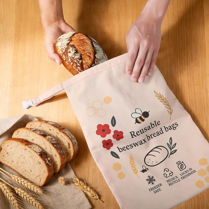 2 Pack Beeswax Bread Bags for Sourdough Homemade Bread, XL Reusable Bread Storage Bag, Organic Waxed Line and Linen Fabric Bread Bag for Home Bakers, Picnics Work or Gift-Giving