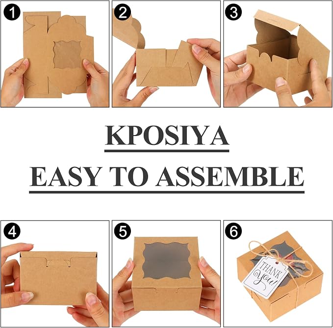 KPOSIYA 10 Pcs Bakery Boxes With Window 4x4x2.5 Inches Kraft Paper Brown Gift Box for Cupcakes, Cookies, Pie, Donuts, Macaroons (10)