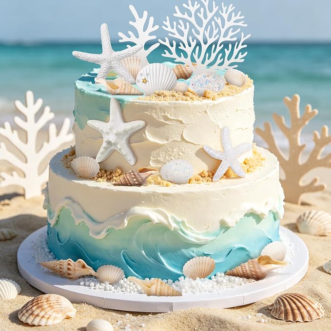 33 Pcs Ocean Cake Decorations, Starfish Sea Shell Cake Topper Coral Cake Topper, Summer Beach Theme Under the Sea Party decorations