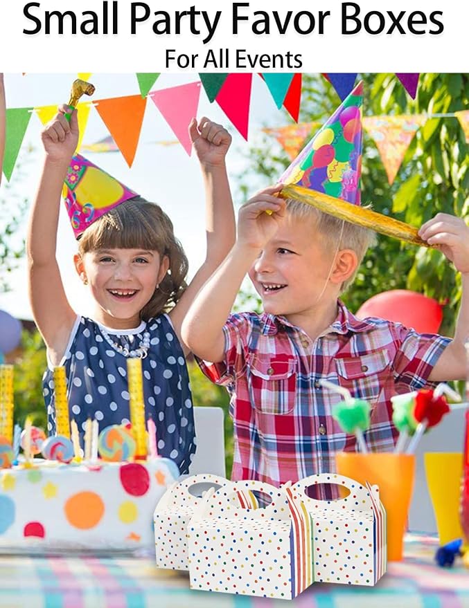 Happyhiram 25 Pcs Favor Boxes for Kids Birthday Box, Polka Dot and Striped Colorful Goodie Treat Boxes with Handles 6" Gable Candy Boxes Paper Gift Boxes for Kids Party Decorations and Supplies