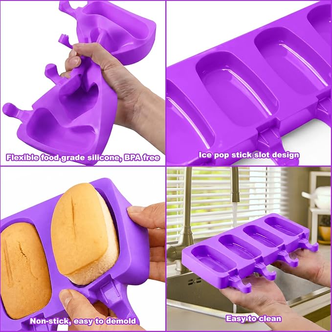 Juome Cake Pop Mold Kit, 2 Pack 8 Cavities Cakesicle Molds Silicone with 100 Wooden Sticks & 100 Packaging Bags with Ties, Cake Pop Maker Supplies Accessories, Baking Tools for Home Desserts (Purple)