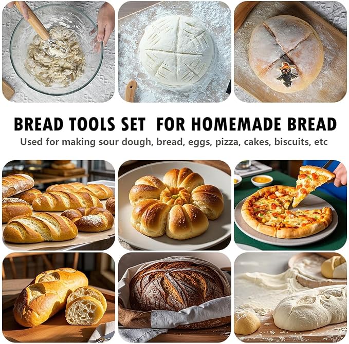 Bread Making Tool Set,Dough Scraper and Bread Scoring Tool for Making Beautiful Bread Tools-Dough Whisk,Dough Scrapers, Bread Lame with 10 Blades Included Replacement (Black)