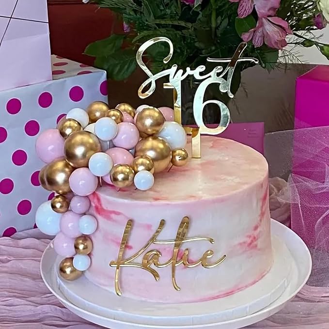 Golden Acrylic Sweet 16 Happy Birthday Cake Topper, 5.9 x 3.54inch Sixteenth Birthday Cake Decoration Cheer to 16th Fancy Cake Decor