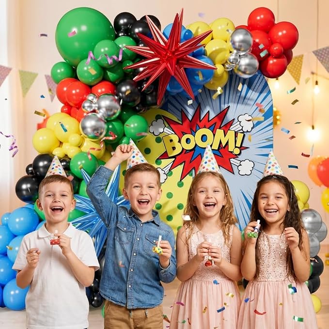 Red Blue Yellow Green Black Balloons Garland Arch Kit - 5 10 12 18 inch Different Size Balloons for Carnival Birthday Anniversary Video Game Super Spider Hero Theme Party Decorations Supplies