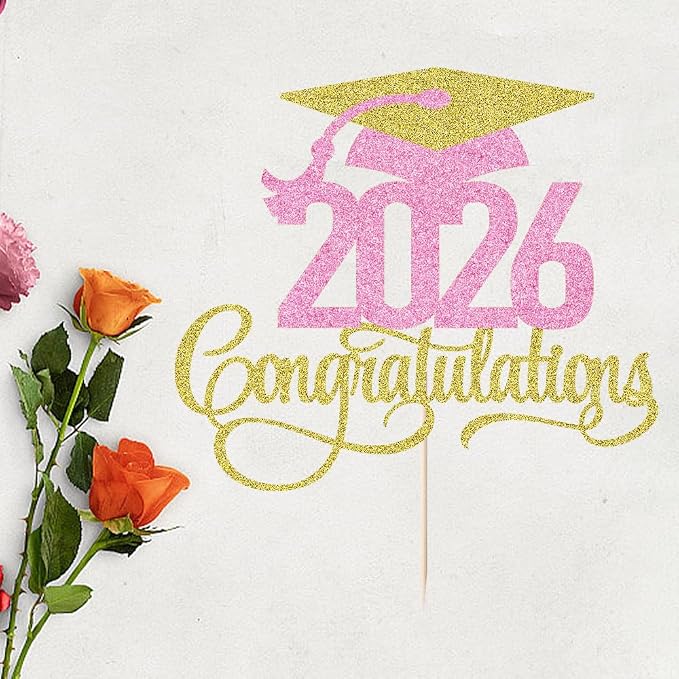 Golden pink 2026 Congratulations Graduation Cake Topper,Congrats Grad Cake Decor - 2026 High School/College/Senior Graduation Party Decorations Supplies
