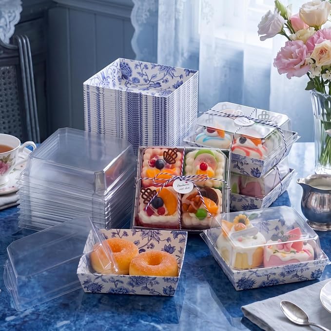 Outus 100 Pack Charcuterie Boxes with Clear Lids, 5.5 x 5.1'' Paper Dessert Boxes to Go with Gift Tags Rope Disposable Party Treat Food Containers for Cookies, Donuts, Muffins, Salad, and Pastry