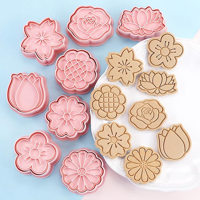 8 Flower Cookie Cutter, 3D Spring Floral Cookie Cutters with Tulip, Daisy, Sunflower, Rose, Cherry blossoms Shapes, Homemake Baking Tools for Mother's Day, Valentine, Holiday DIY Cookies (Flower Head)