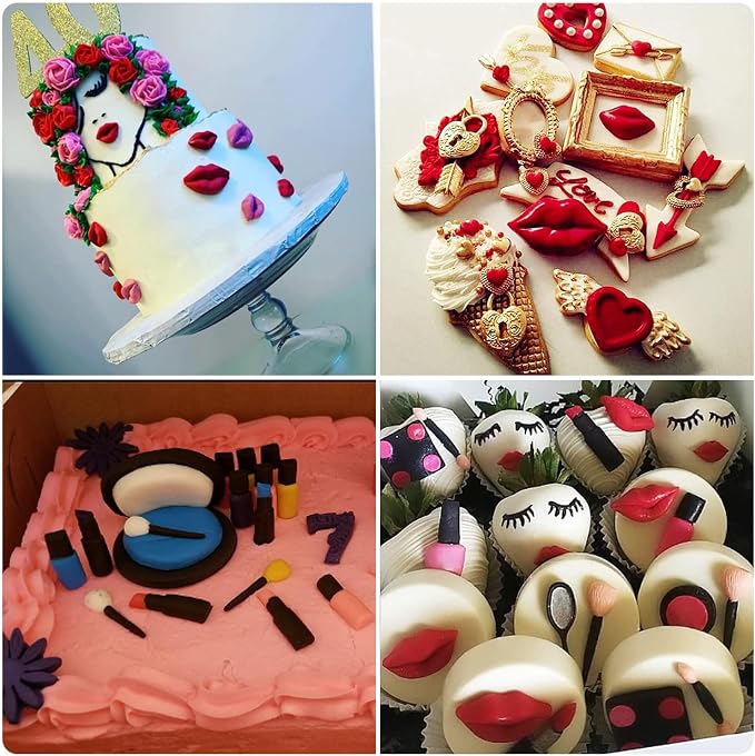 ZiXiang Makeup Theme Silicone Molds Valentine's Day Fondant Molds Kiss Lips Lipstick Perfume Eyelash Brush Mold For Candy Chocolate Cake Decorating Cupcake Topper Gum Paste Polymer Clay Set Of 5