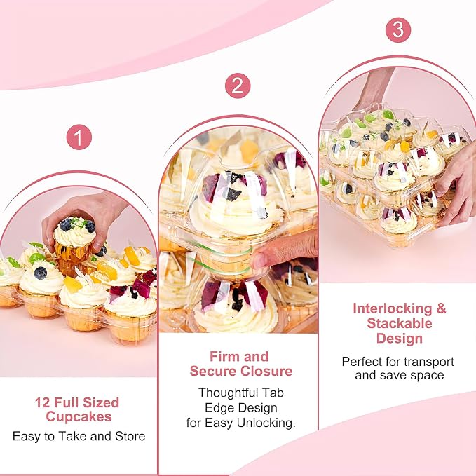 12 Count x 25 Sets Cupcake Carrier With 300 Pack Liners, Stackable Plastic Cupcake Containers Boxes Holder with Tall Dome Lid, Disposable Cupcake Storage Trays