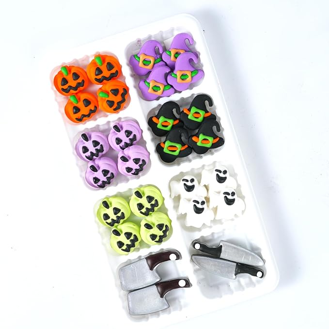 Halloween Icing Decorations - Edible Pumpkins, Ghosts, Witch Hats, Knives, Axes Cake Decorations Royal Icing Sugar Sprinkles for Cakes Toppers, Cookies, Cupcakes Halloween Baking Supplies 28 Count