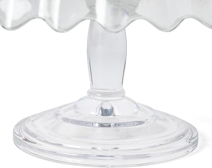Martha Stewart Watercrest Glass Cake Stand, 10.2 Inch Footed Pedestal Cake Plate with Scalloped Ruffled Edge, Clear Handmade Glassware for Weddings, Parties, and Dessert Display