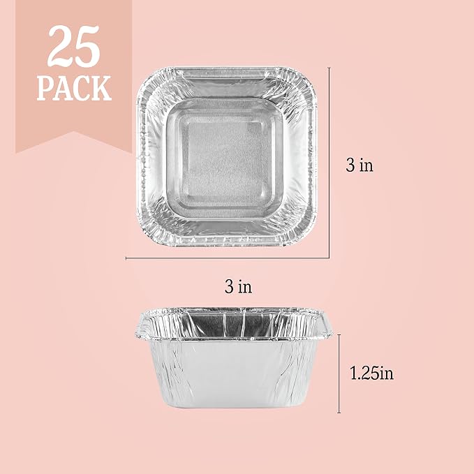PLASTICPRO ''Disposable'' Mini Size 3'' X 3 X 2'' Inch Square Aluminum Tin Foil Baking Pans Bakeware - Cookware Perfect for Baking Cakes,Brownies,Bread, Meatloaf, Lasagna, Pack of 25
