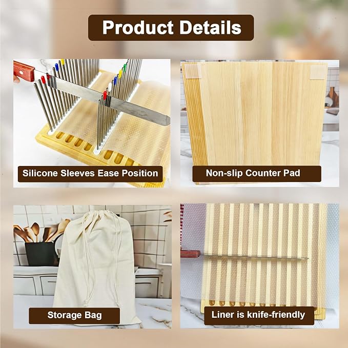 7L Wooden Bread Box, Stainless Steel Bread Slicer, 20 Protective Liners | 2 Thickness Slicing Guide, 9in Adjustable Crumb Tray, 1 Bread Stopper, for Sourdough, Homemade Bread