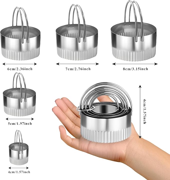 Round Biscuit Cutter Set - 5 Pcs Wave Cookie Cutters with Fluted Edge, Stainless Steel Cookie Shaper with Handle for Dough Cutting Baking Tools