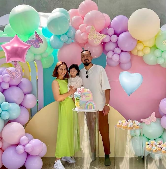 1st Pastel Rainbow Birthday Decorations for Girls,Macaron Pink Blue Purple Green Yellow Colorful Confetti Balloons Banner Star Heart Number 1 Foil Balloon Butterfly Stickers Easter Decor