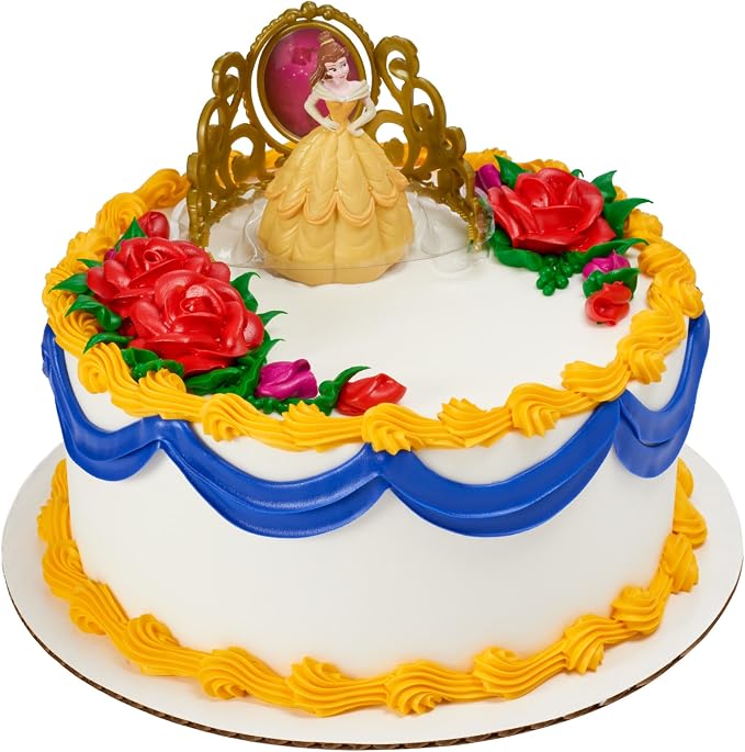 DecoSet® Disney Princess Belle Beautiful As A Rose Cake Topper, 2-Piece Decorations Set with Belle Figurine and Golden Tiara with Spinning Jewel, Beauty and the Beast Cake Decoration