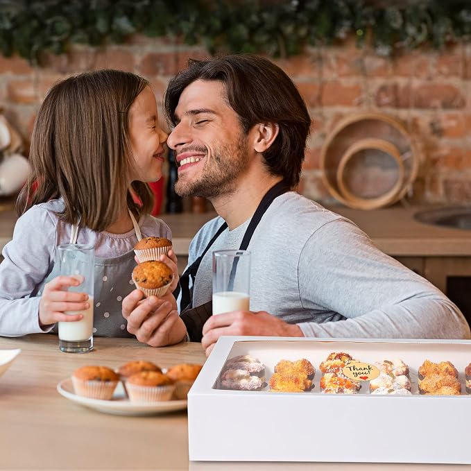 Fuutreo 10 Pack White Cupcake Boxes with Window 21 x 13 x 4 Inches 24 Count Auto Pop up Large Cookie Boxes Cupcake Containers with Thank You Label Stickers for Muffins Pastries Donuts Cookies