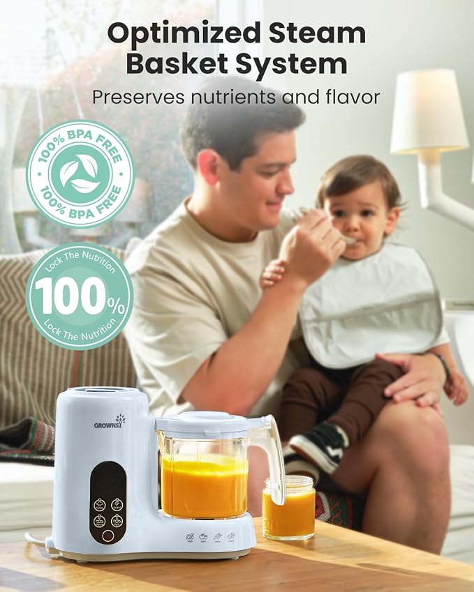Grownsy Baby Food Maker with Steam Basket, One Step Baby Food Processor Steamer Puree Blender Grinder Mills Machine, Auto Cooking Grinding and Sterili-zing for Healthy Homemade Baby Food, Blue