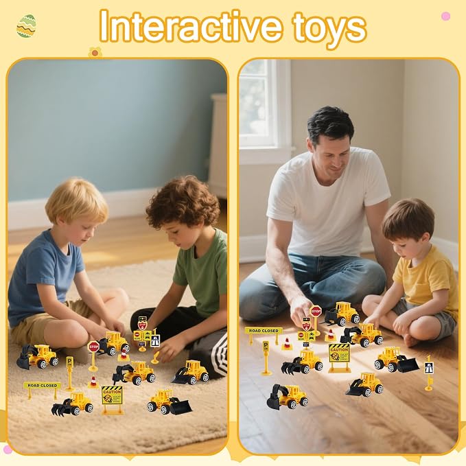Mini Construction Vehicles Cake Topper 16pcs Truck Excavator Traffic Road Sign Cake Cupcake Topper Construction Truck Vehicles Toy Cake Decoration for Engineering Transportation Theme Party