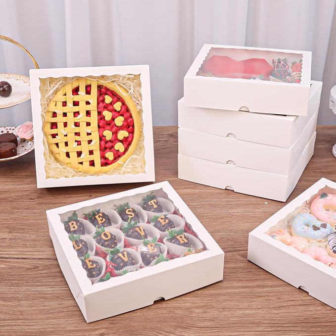 TEMLQPACK 36pcs 10x10x2.5 Inches White Bakery Boxes with Window, Pie, Cookies, Chocolate Covered Strawberries, Breakable Heart, Charcuterie Boxes for Christmas